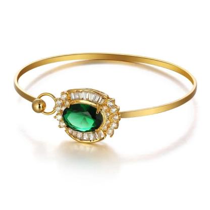 Party Accessories 195mm Length Green Cubic Zirconia Cuff Bangle Gold Color Bracelets & Bangles For Women - Personalized Jewel