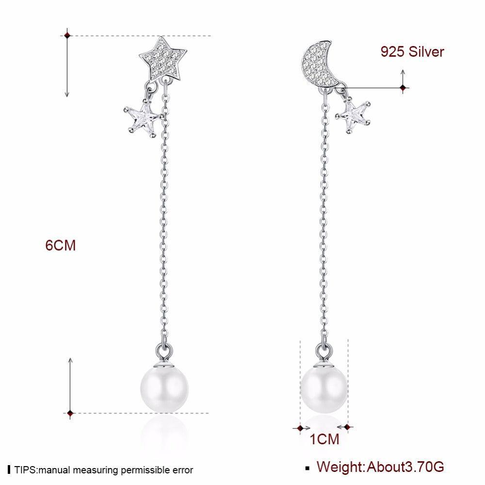 Pearl Moon Dangle Earrings- Solid Sterling Silver Earrings- Silver Dangle Earrings for Women-Personalized Jewels