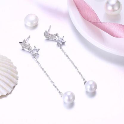 Pearl Moon Dangle Earrings- Solid Sterling Silver Earrings- Silver Dangle Earrings for Women-Personalized Jewels