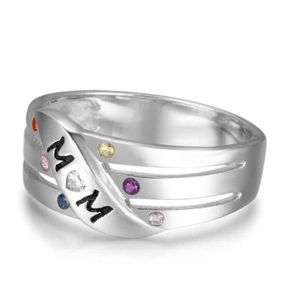 Personalised 925 Sterling Silver MOM Ring - Custom Birthstones - Engraved Custom Family Names - Personalized Jewel