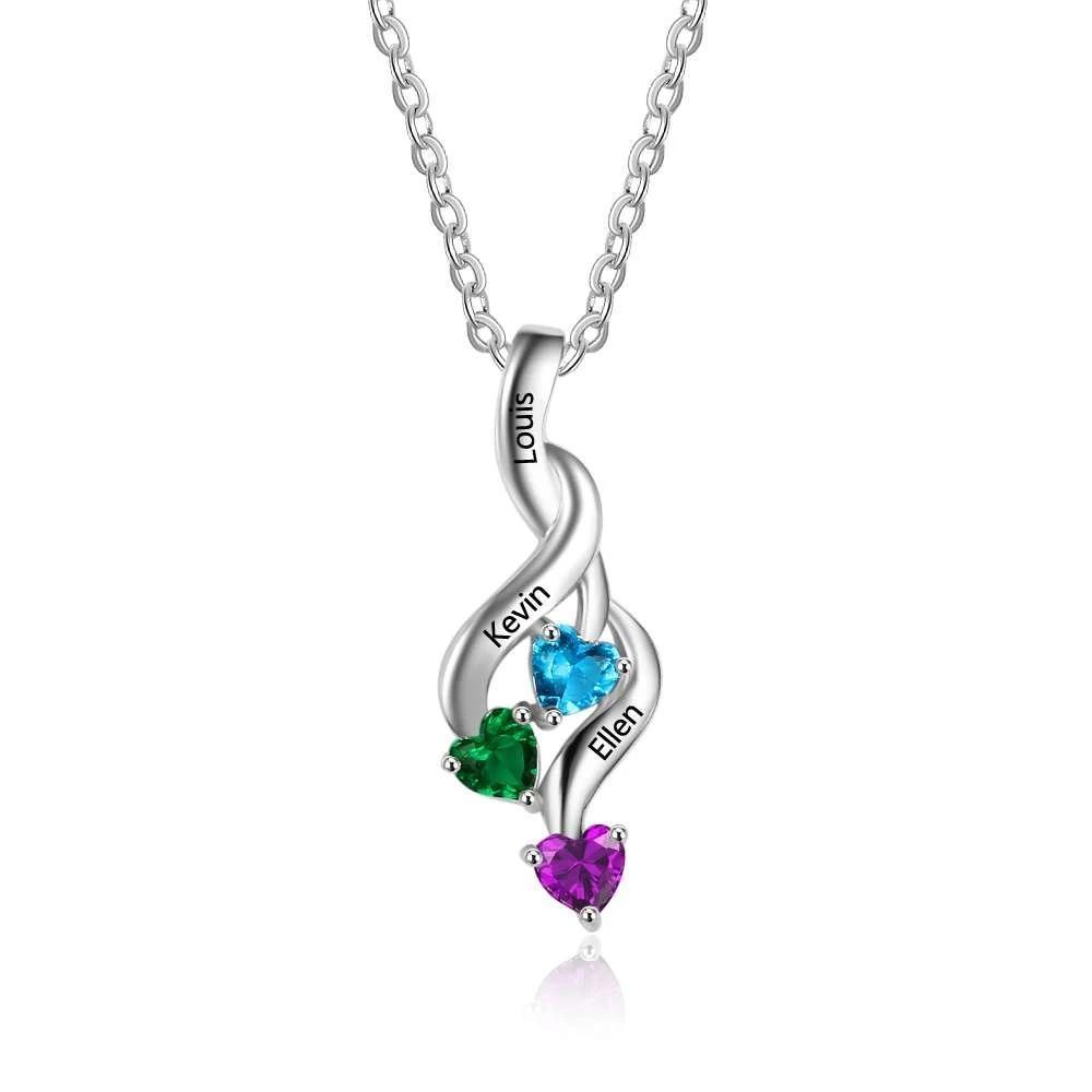 Personalized 3 Heart Birthstone Engrave Name Pendant Necklace-Personalized Jewels
