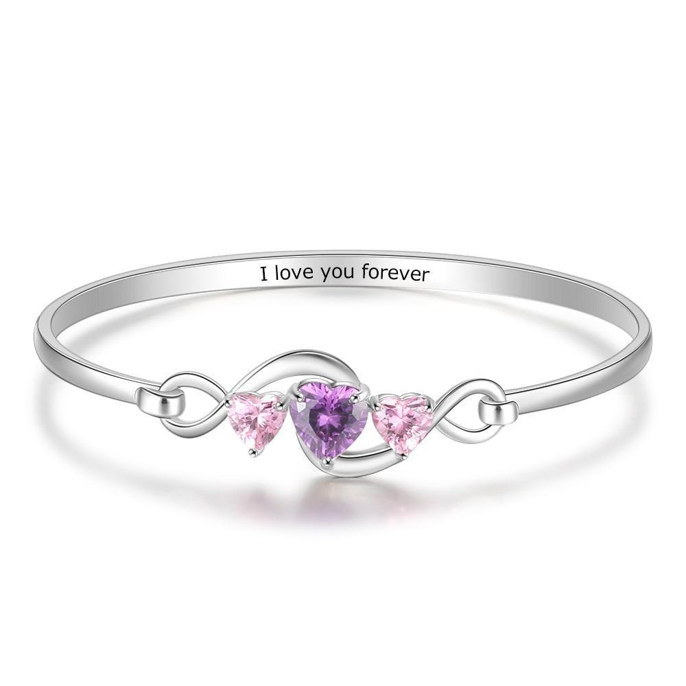 Personalized 3 Heart Birthstones Engraving Infinity Bangle Bracelet for Her-Personalized Jewels