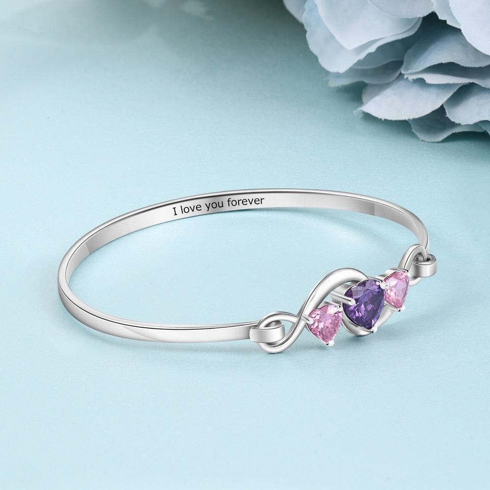 Personalized 3 Heart Birthstones Engraving Infinity Bangle Bracelet for Her-Personalized Jewels