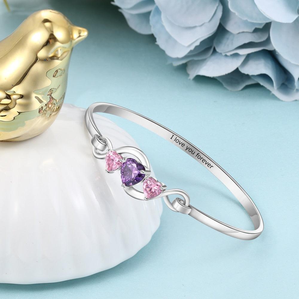 Personalized 3 Heart Birthstones Engraving Infinity Bangle Bracelet for Her-Personalized Jewels
