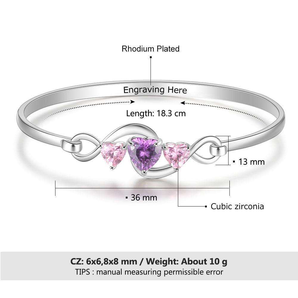Personalized 3 Heart Birthstones Engraving Infinity Bangle Bracelet for Her-Personalized Jewels