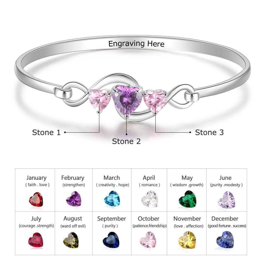 Personalized 3 Heart Birthstones Engraving Infinity Bangle Bracelet for Her-Personalized Jewels