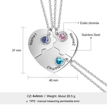Personalized 3pcs/Set Stainless Steel Heart Best Friend Necklace with Birthstone for 3 Friends - Personalized Jewel