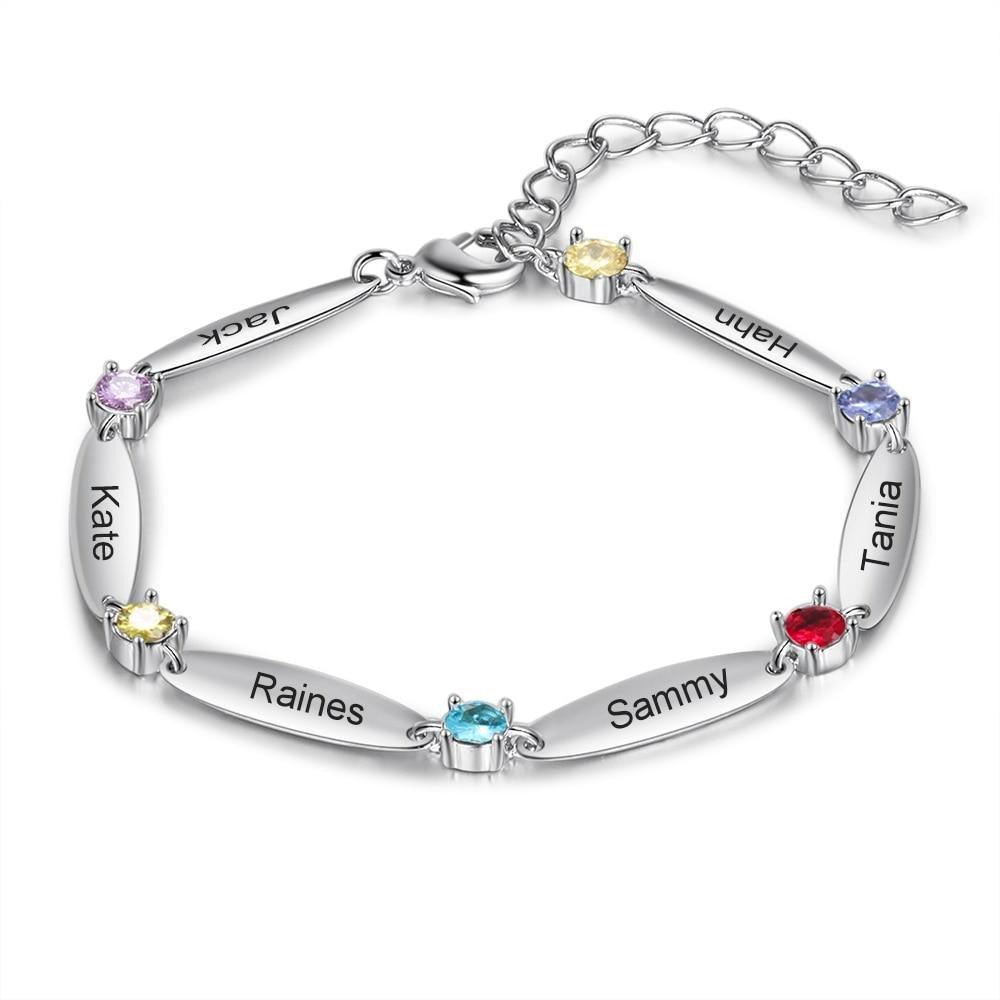 Personalized 6 Inlaid Birthstones Name Engraved Mother Bracelet - Personalized Jewel