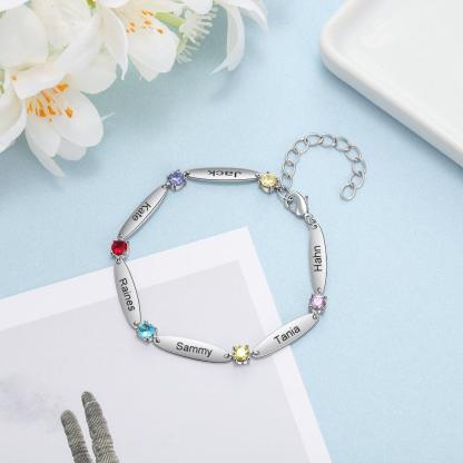 Personalized 6 Inlaid Birthstones Name Engraved Mother Bracelet - Personalized Jewel
