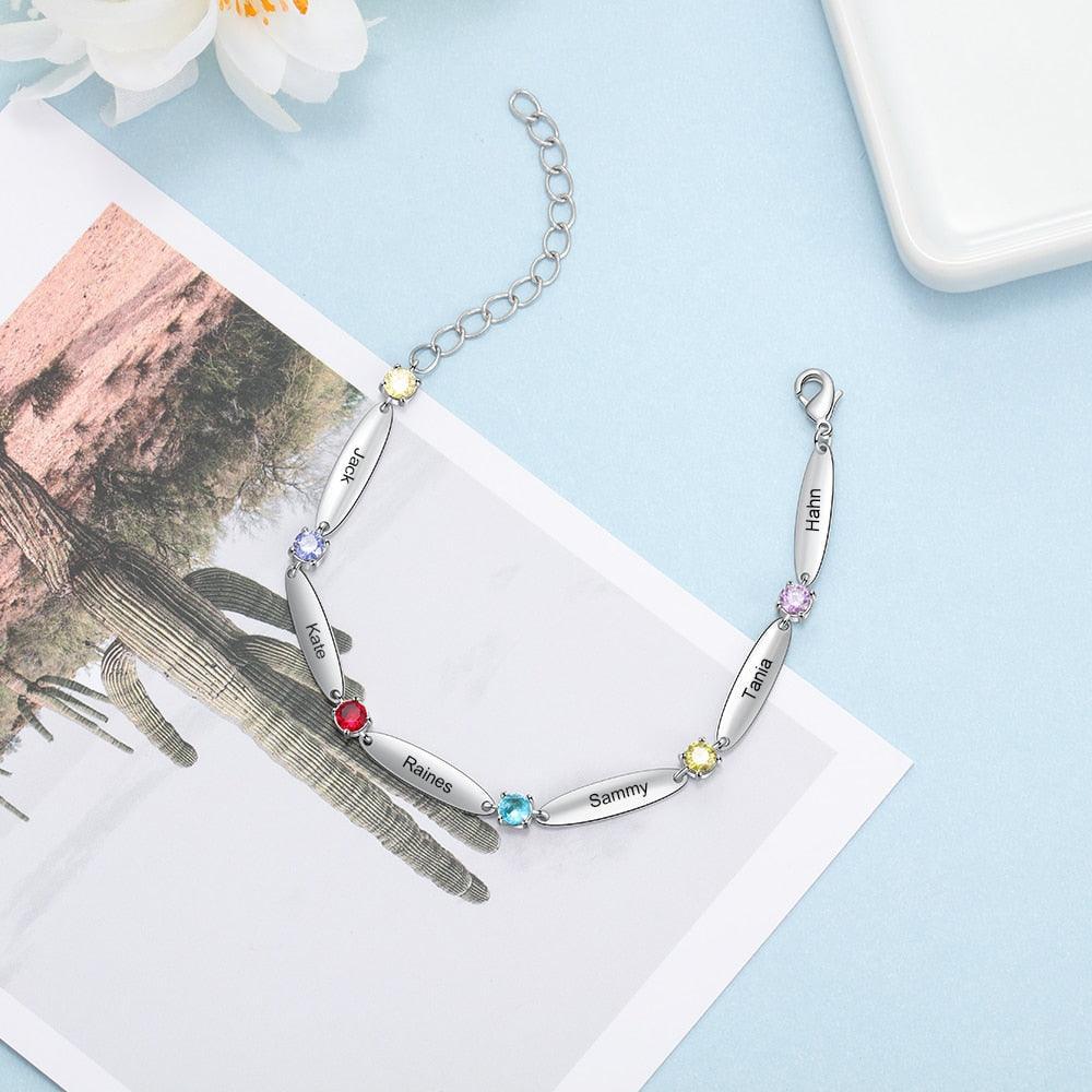Personalized 6 Inlaid Birthstones Name Engraved Mother Bracelet - Personalized Jewel