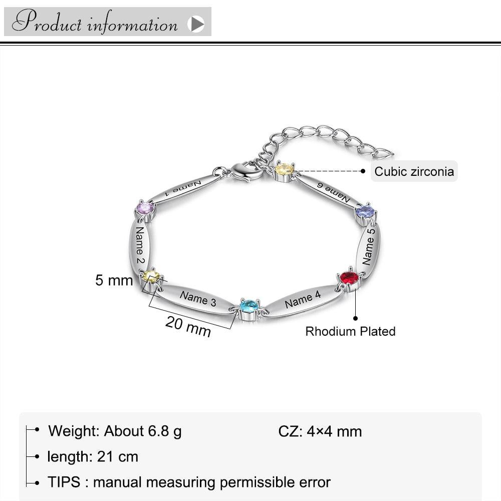 Personalized 6 Inlaid Birthstones Name Engraved Mother Bracelet - Personalized Jewel