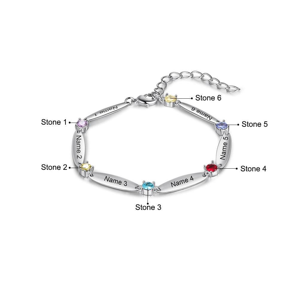 Personalized 6 Inlaid Birthstones Name Engraved Mother Bracelet - Personalized Jewel