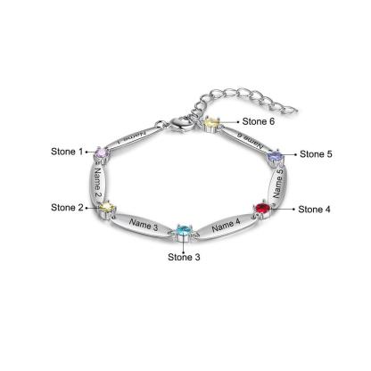 Personalized 6 Inlaid Birthstones Name Engraved Mother Bracelet - Personalized Jewel