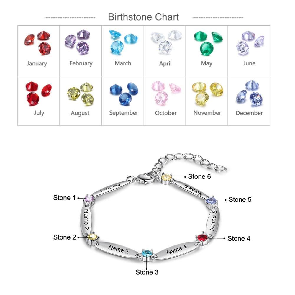 Personalized 6 Inlaid Birthstones Name Engraved Mother Bracelet - Personalized Jewel