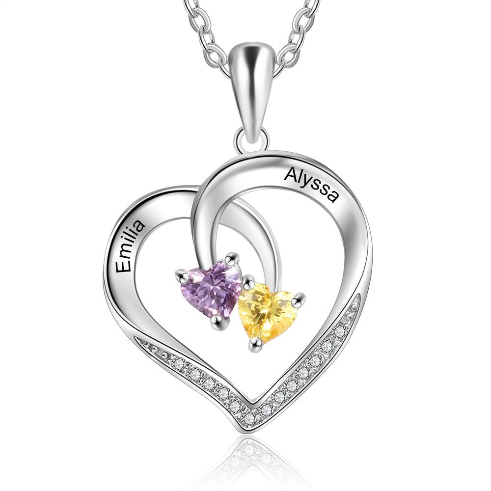 Personalized 925 Silver Sterling Necklace - Interlocking Double Birthstone and Name Heart For Mother's Day-Personalized Jewels