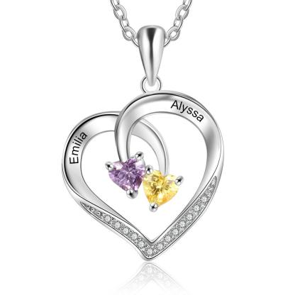 Personalized 925 Silver Sterling Necklace - Interlocking Double Birthstone and Name Heart For Mother's Day - Personalized Jewel