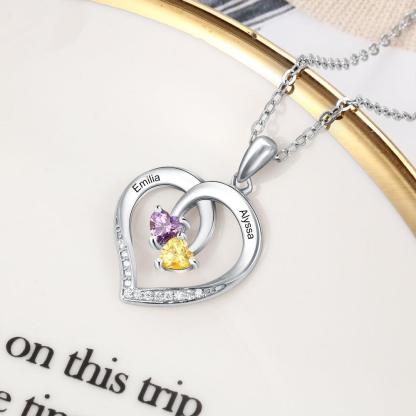 Personalized 925 Silver Sterling Necklace - Interlocking Double Birthstone and Name Heart For Mother's Day - Personalized Jewel