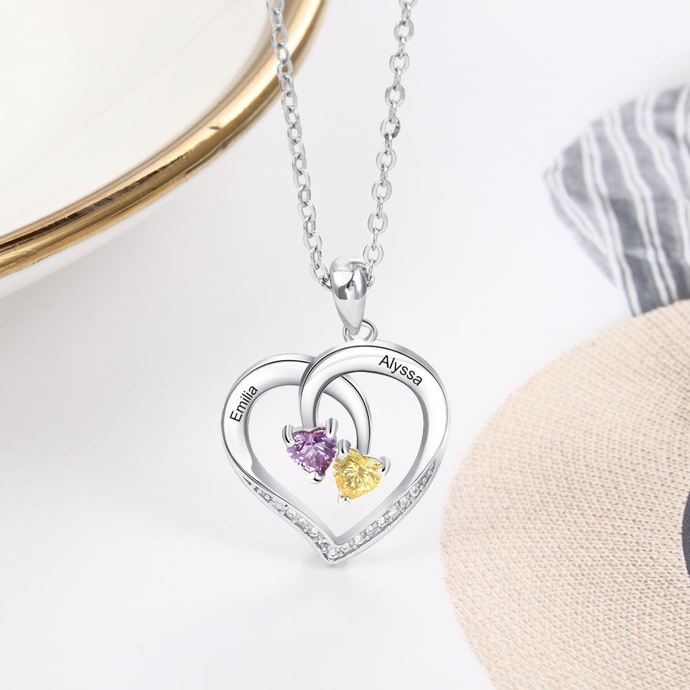 Personalized 925 Silver Sterling Necklace - Interlocking Double Birthstone and Name Heart For Mother's Day - Personalized Jewel