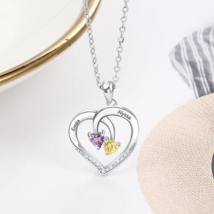 Personalized 925 Silver Sterling Necklace - Interlocking Double Birthstone and Name Heart For Mother's Day - Personalized Jewel