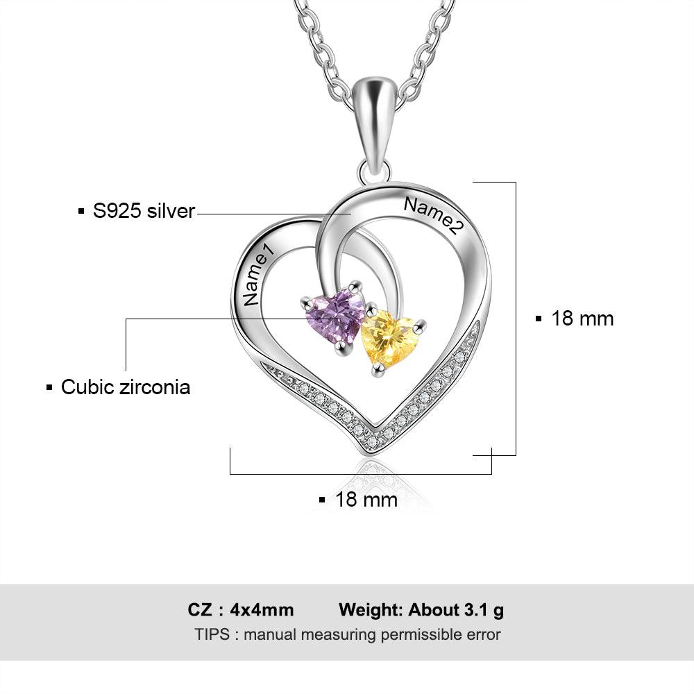 Personalized 925 Silver Sterling Necklace - Interlocking Double Birthstone and Name Heart For Mother's Day - Personalized Jewel