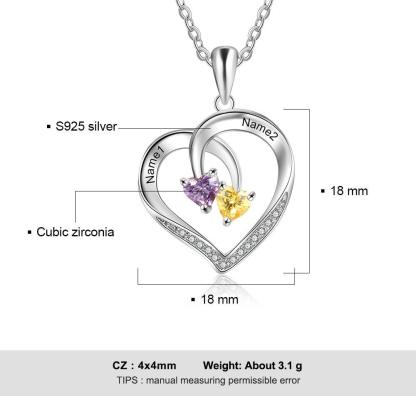 Personalized 925 Silver Sterling Necklace - Interlocking Double Birthstone and Name Heart For Mother's Day - Personalized Jewel