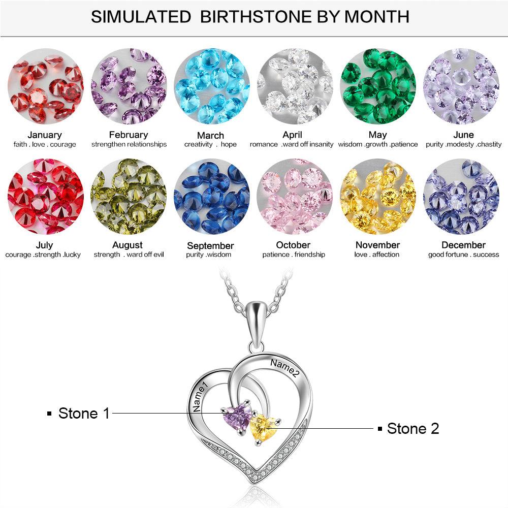 Personalized 925 Silver Sterling Necklace - Interlocking Double Birthstone and Name Heart For Mother's Day - Personalized Jewel