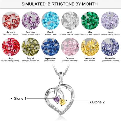 Personalized 925 Silver Sterling Necklace - Interlocking Double Birthstone and Name Heart For Mother's Day - Personalized Jewel