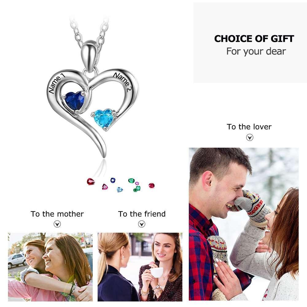 Personalized 925 Sterling Silver 2 Birthstone Necklace Pendants Engraved Heart BirthStones Jewelry Mom Gift - Personalized Jewel