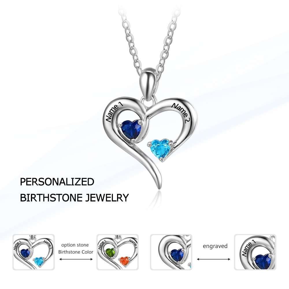 Personalized 925 Sterling Silver 2 Birthstone Necklace Pendants Engraved Heart BirthStones Jewelry Mom Gift - Personalized Jewel