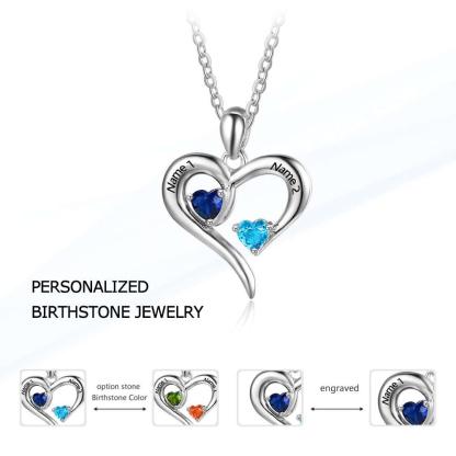 Personalized 925 Sterling Silver 2 Birthstone Necklace Pendants Engraved Heart BirthStones Jewelry Mom Gift - Personalized Jewel