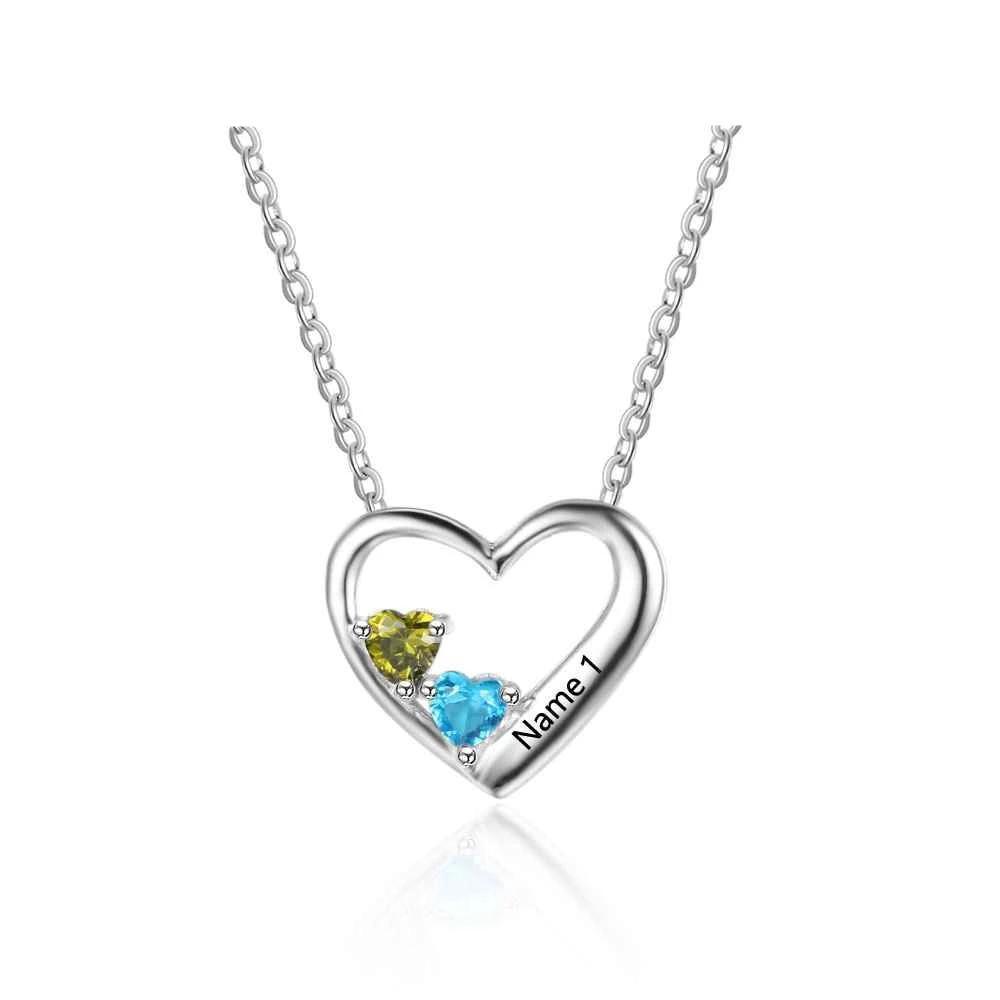 Personalized 925 Sterling Silver 2 Birthstone Necklace Pendants Engraved Heart BirthStones Necklace Mom Gift - Personalized Jewel