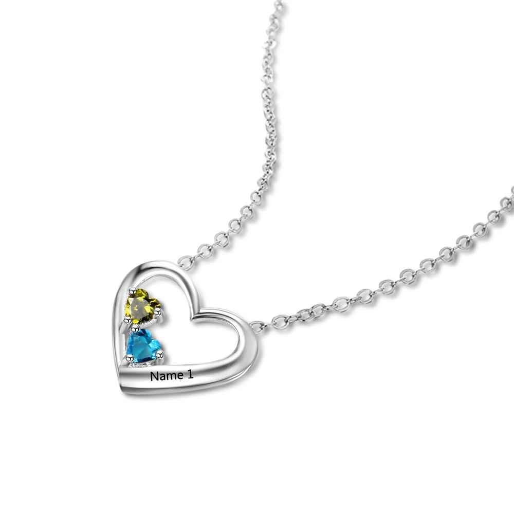 Personalized 925 Sterling Silver 2 Birthstone Necklace Pendants Engraved Heart BirthStones Necklace Mom Gift - Personalized Jewel