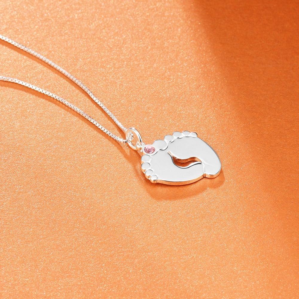 Personalized 925 Sterling Silver Baby Feet Customized Birthstone Name Engraved Pendant Necklace Jewelry Gift - Personalized Jewel