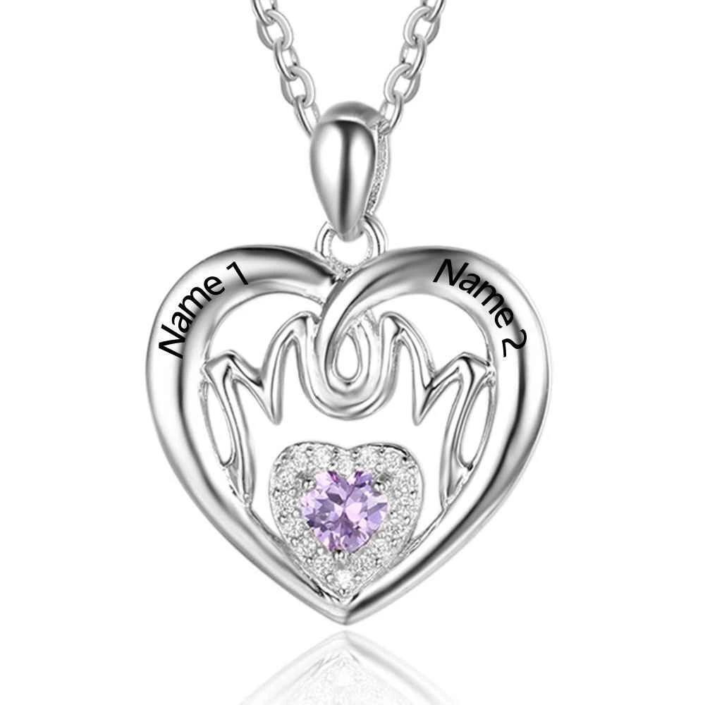 Personalized 925 Sterling Silver Birthstone Necklace with Mom Shape Engrave 2 Names Jewelry Best Gift for Mom - Personalized Jewel