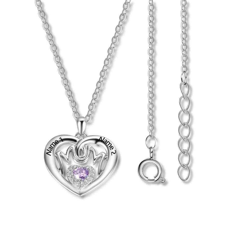 Personalized 925 Sterling Silver Birthstone Necklace with Mom Shape Engrave 2 Names Jewelry Best Gift for Mom - Personalized Jewel