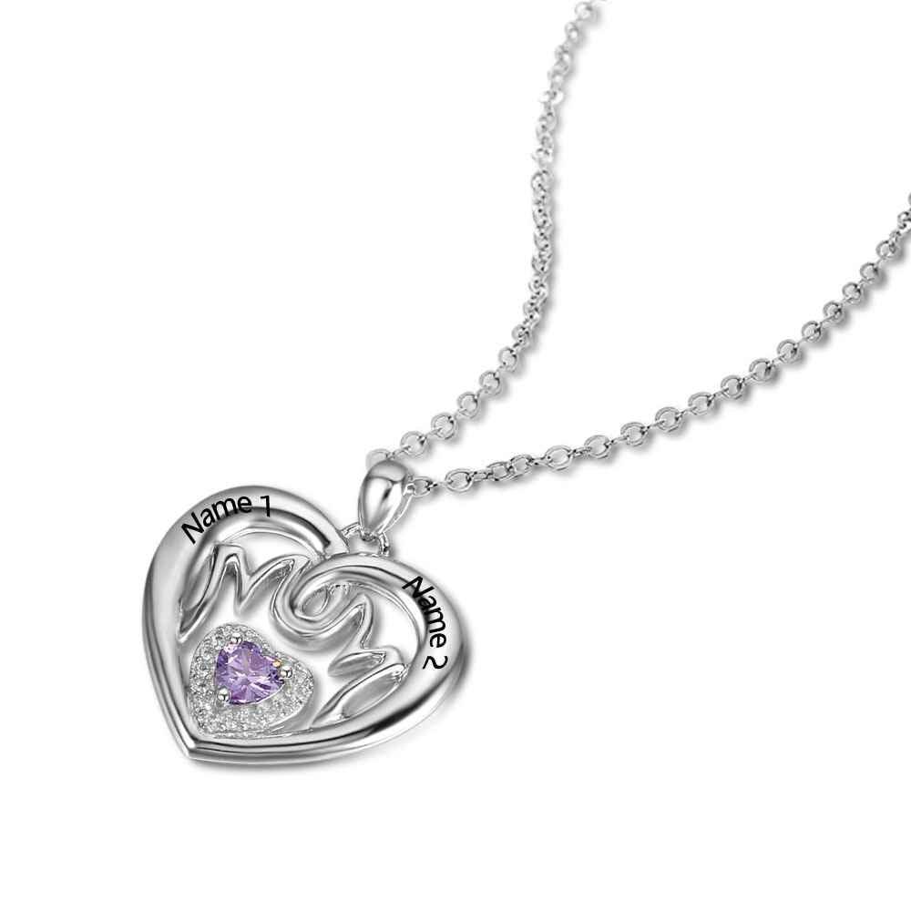Personalized 925 Sterling Silver Birthstone Necklace with Mom Shape Engrave 2 Names Jewelry Best Gift for Mom - Personalized Jewel