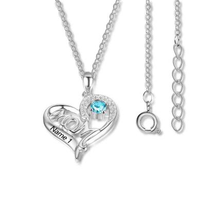 Personalized 925 Sterling Silver Birthstone Necklace with Mom Shape Love and Heart Jewelry Best Gift for Mom - Personalized Jewel