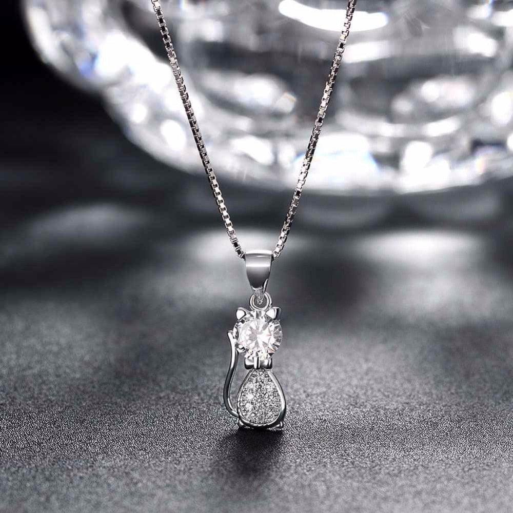 Personalized 925 Sterling Silver Cat Design Cubic Zirconia Pendant Necklaces, Jewelry Gift for Women - Personalized Jewel