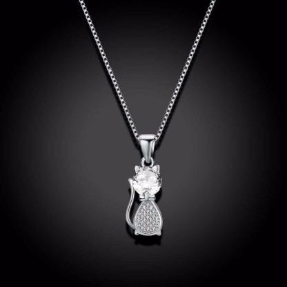 Personalized 925 Sterling Silver Cat Design Cubic Zirconia Pendant Necklaces, Jewelry Gift for Women - Personalized Jewel
