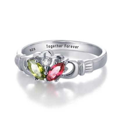 Personalized 925 Sterling Silver Claddagh Ring For Women- Romantic Two Birthstone And Inner Engraving Text - Personalized Jewel
