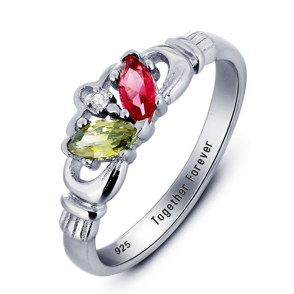 Personalized 925 Sterling Silver Claddagh Ring For Women- Romantic Two Birthstone And Inner Engraving Text - Personalized Jewel