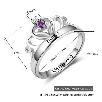 Personalized 925 Sterling Silver Classic Crown Rings for Women – Yolanda Anniversary Jewelry Gifts – Engraved Name Party Rings – Custom Birthstone - Personalized Jewel