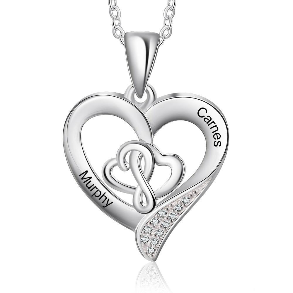 Personalized 925 Sterling Silver Customizable Heart-Shaped Pendant Necklace – 2 Names Engraving Options-Personalized Jewels