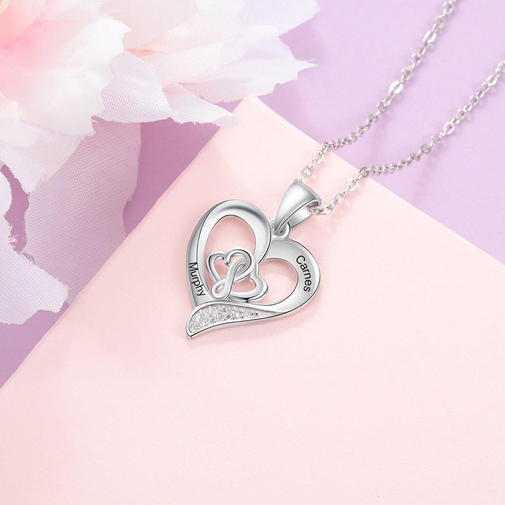 Personalized 925 Sterling Silver Customizable Heart-Shaped Pendant Necklace – 2 Names Engraving Options-Personalized Jewels