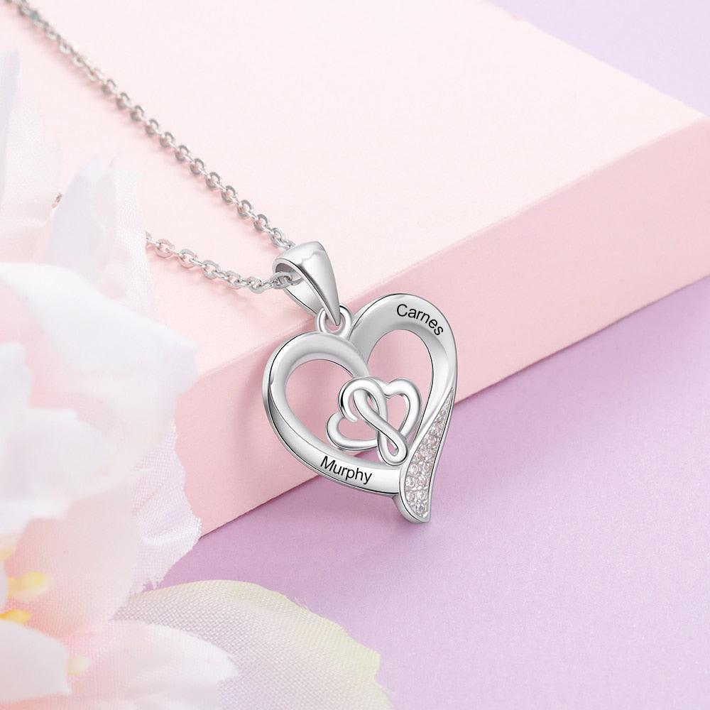 Personalized 925 Sterling Silver Customizable Heart-Shaped Pendant Necklace – 2 Names Engraving Options - Personalized Jewel