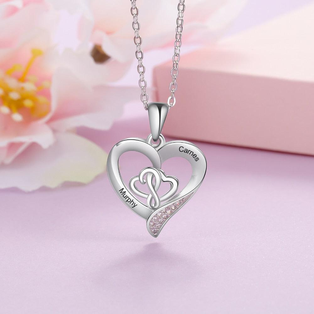 Personalized 925 Sterling Silver Customizable Heart-Shaped Pendant Necklace – 2 Names Engraving Options-Personalized Jewels