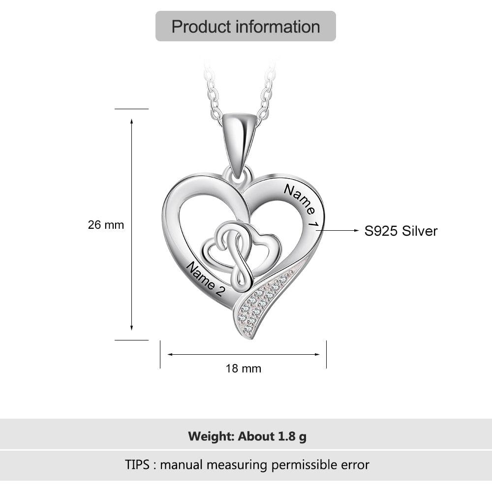 Personalized 925 Sterling Silver Customizable Heart-Shaped Pendant Necklace – 2 Names Engraving Options - Personalized Jewel