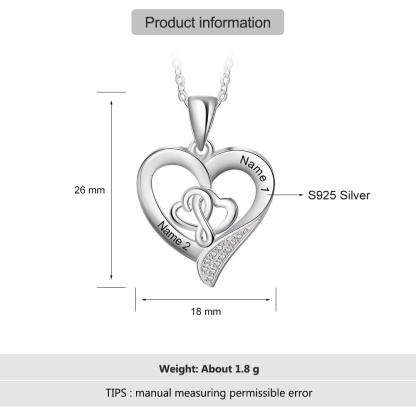 Personalized 925 Sterling Silver Customizable Heart-Shaped Pendant Necklace – 2 Names Engraving Options - Personalized Jewel