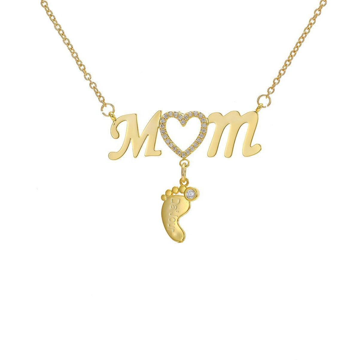 Personalized 925 Sterling Silver CZ Love Heart Pendant - Mom 1 Baby Feet Drop Pendant Necklace - Personalized Jewel