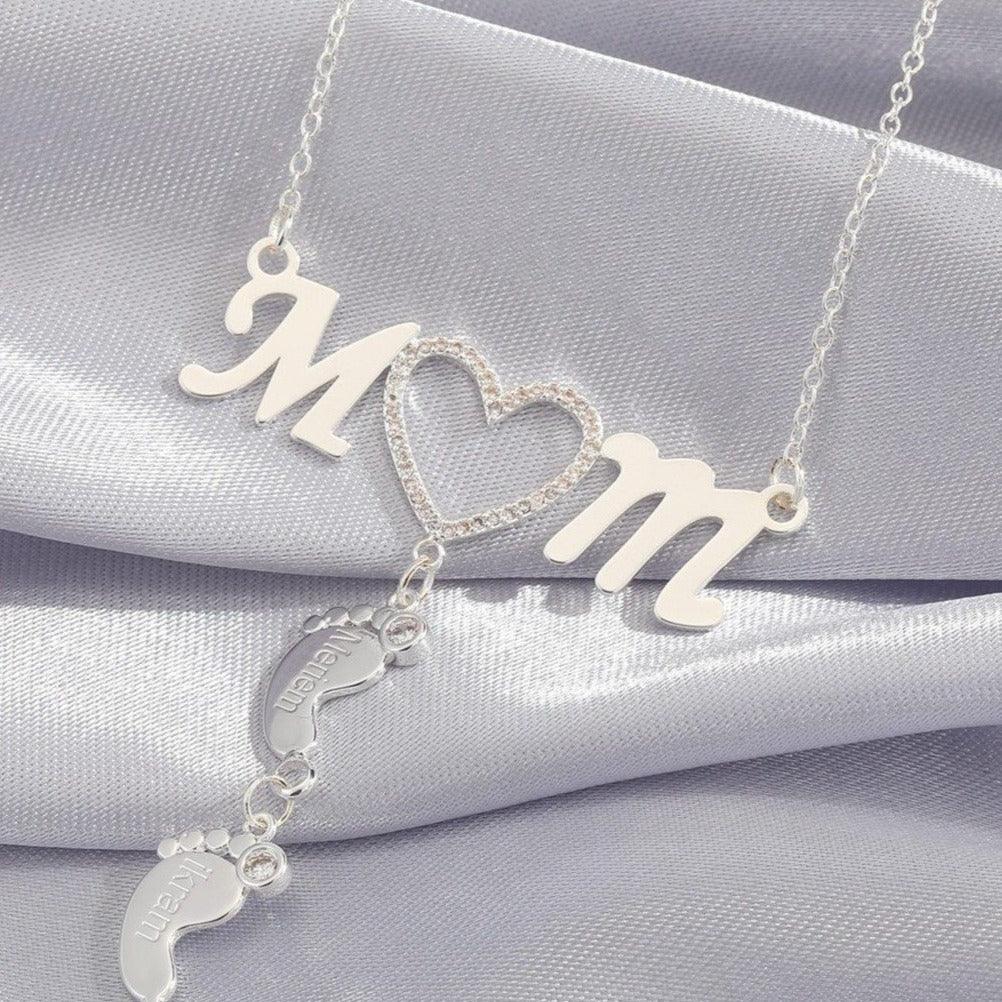 Personalized 925 Sterling Silver CZ Love Heart Pendant - Mom 1 Baby Feet Drop Pendant Necklace - Personalized Jewel